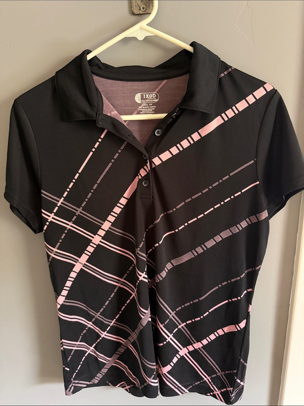 Izod Black Golf Polo with Pink Diagonal Geometric Stripes